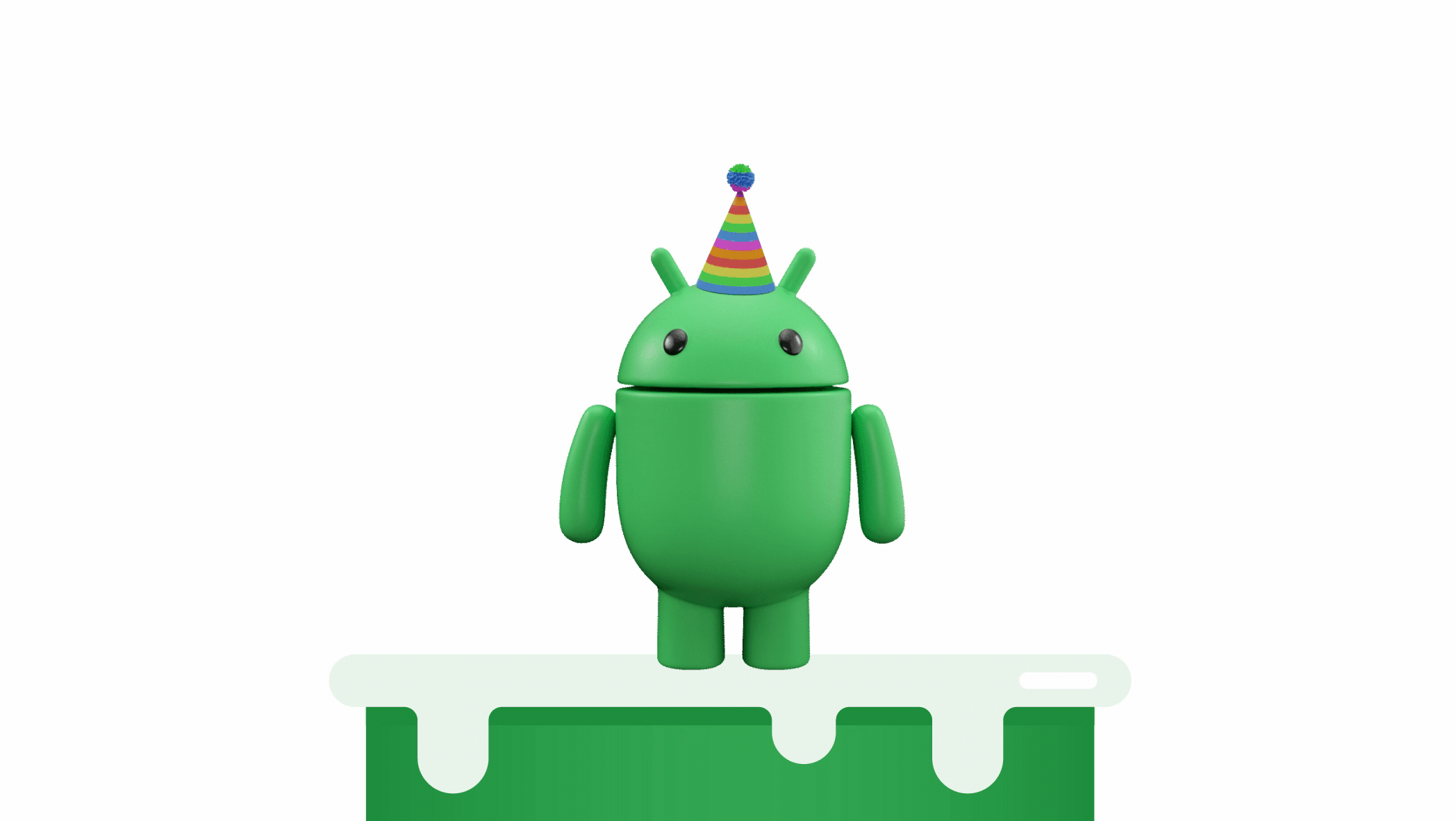 Green Android robot standing on top of a cake with a rainbow birthday hat, followed by a confetti explosion in the background