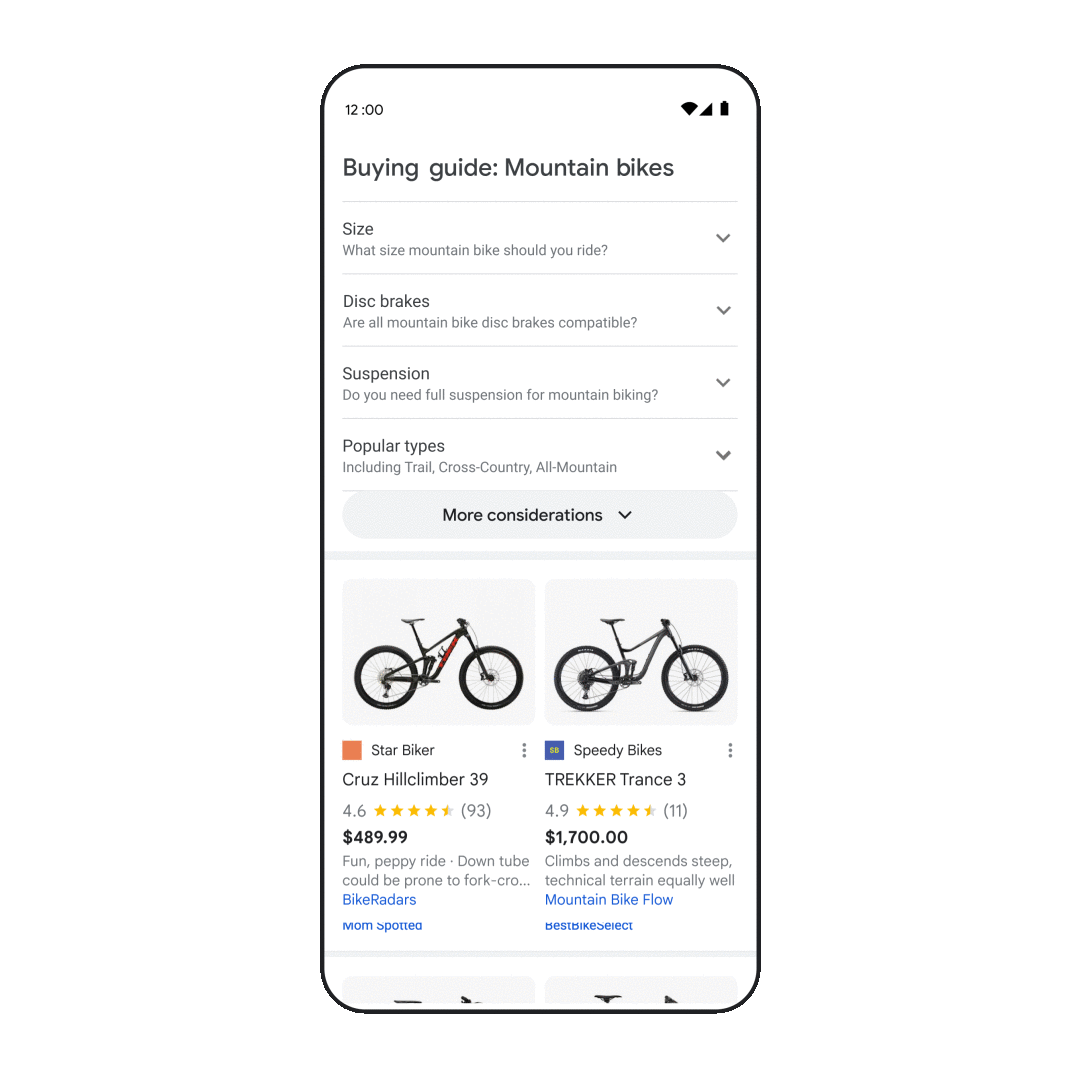 An animation of Google Shopping’s new buying guide feature related to a search for “mountain bikes.” It scrolls through images and insights about mountain bikes.