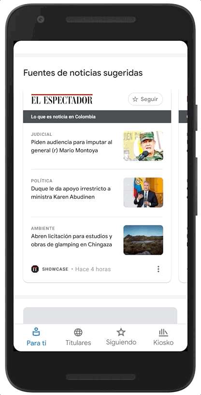 Example of how News Showcase shows up for readers in Colombia