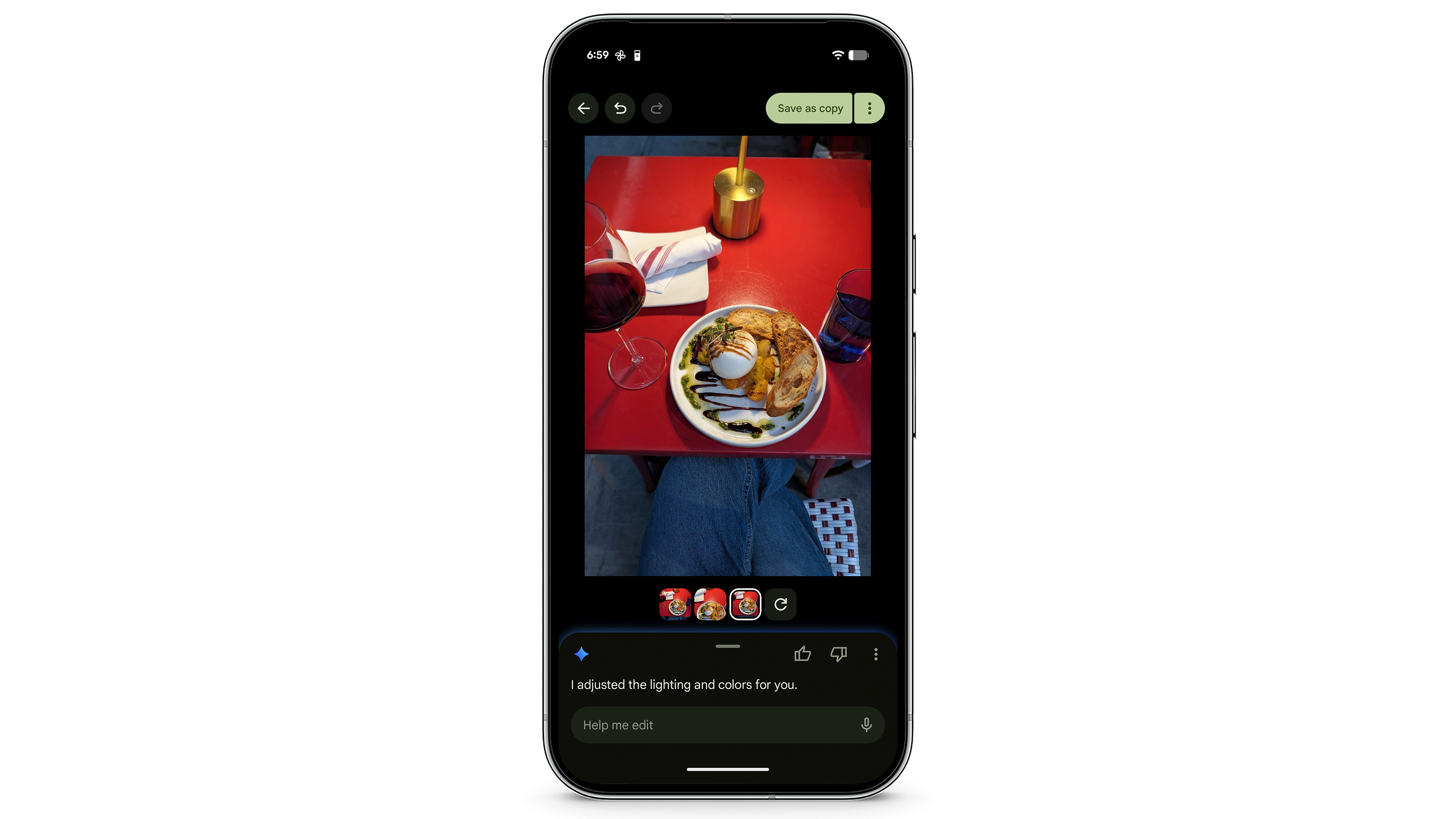 A smartphone screen shows a photo editor with an overhead image of a meal on a red table. An AI suggestion at the bottom of the screen reads, I adjusted the lighting and colors for you.