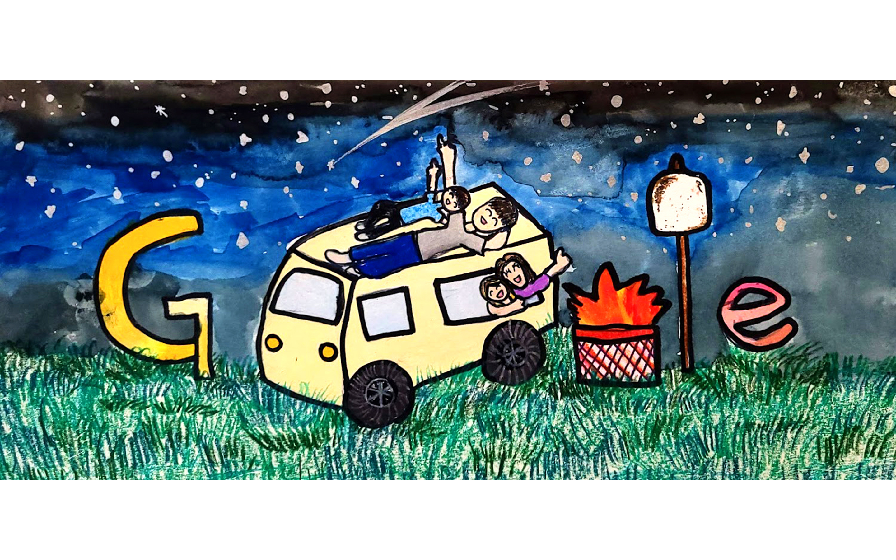 Painting of a family of four, in a van, stargazing in a scene comprising the GOOGLE logo. A young boy and father are laying on the car roof and a young girl and mother are sitting in the backseat of the car peering out the window. Each family member has fair skin, dark hair, and is smiling. The GOOGLE letters are large across the scene with the van wheels representing the Os, a firepit representing the second G, and a large marshmallow on a stick representing the L. A sky full of stars and a grassy field make up the background.