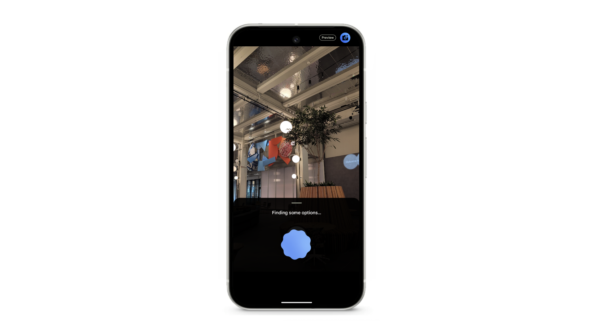 A smartphone camera performs a visual search in a modern room with a potted tree and a reflective ceiling.