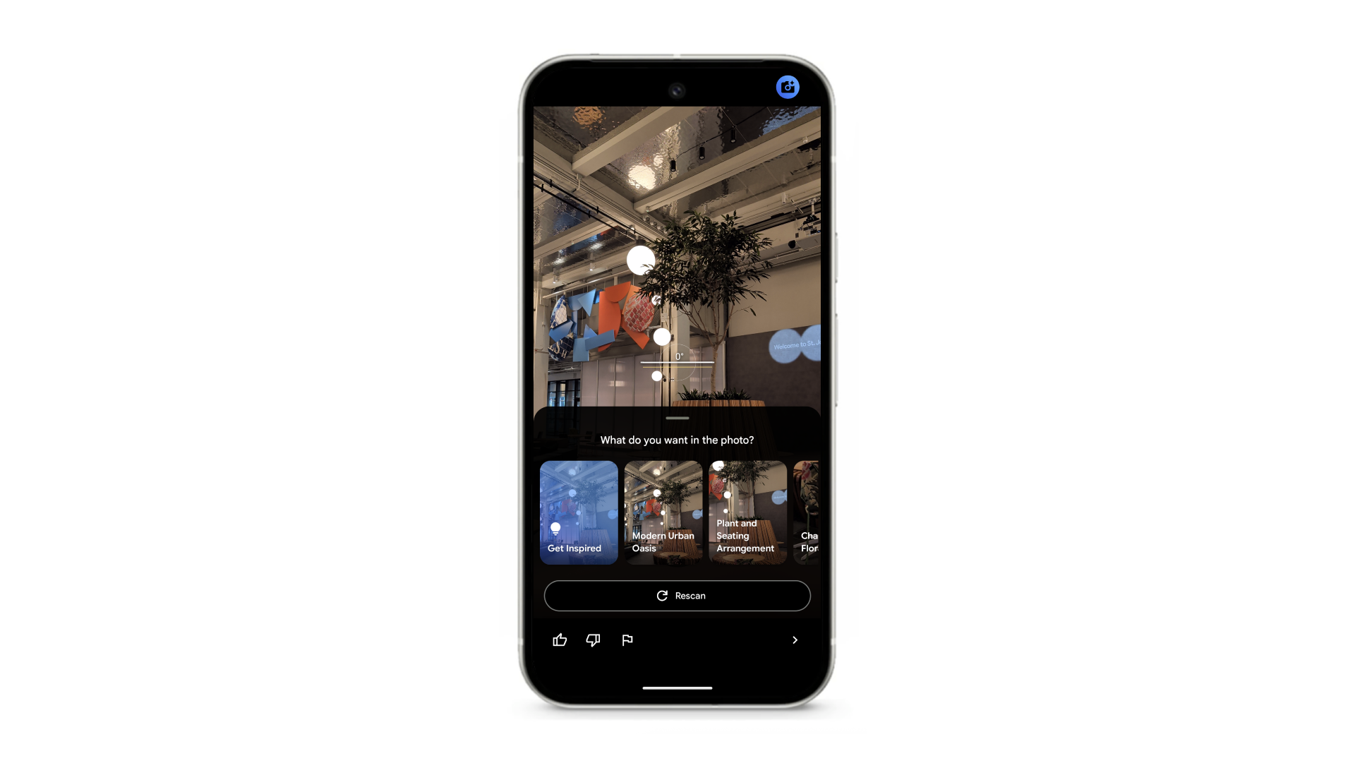 A smartphone camera interface suggests photo styles, such as Modern Urban Oasis, after performing a visual search on a modern room.