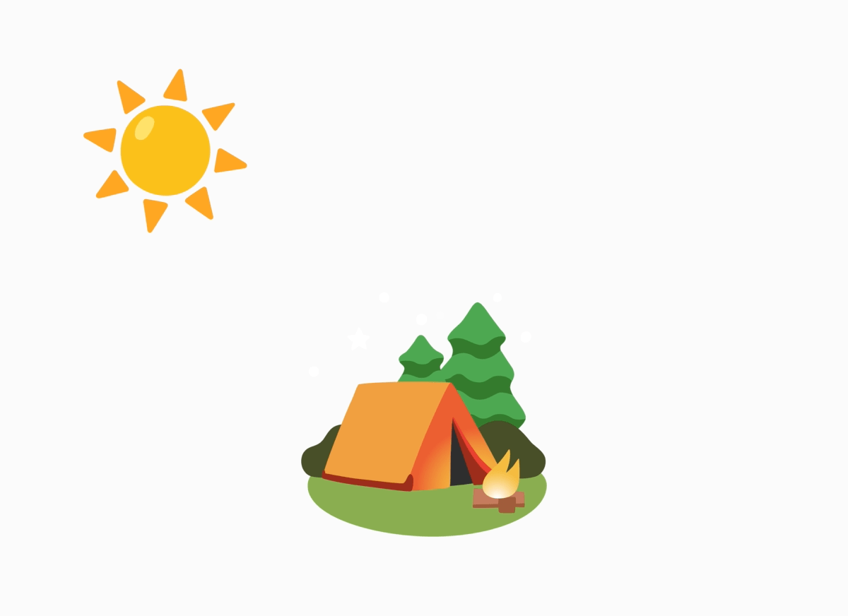 Animation of camping emoji changing to dark them with new stars