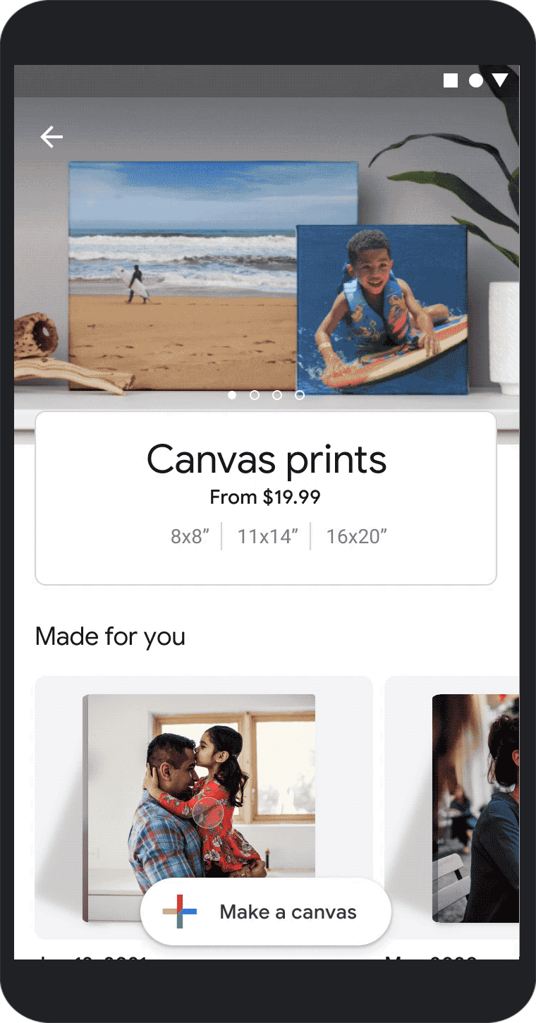 Animation showing available canvas print sizes in the Google Photos app.