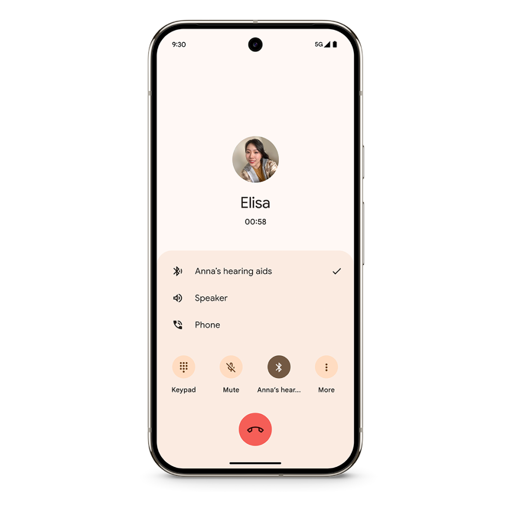 Carousel of various hearing aids setting and use screens on Pixel 9 Pro