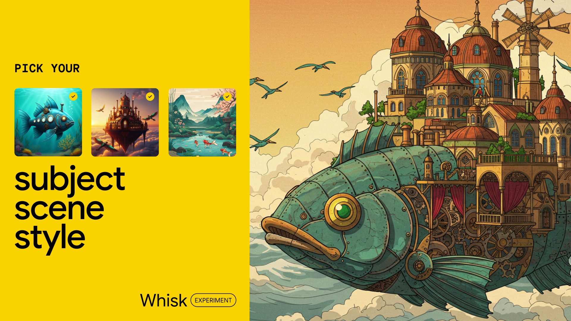This image, set against a bright yellow background, showcases an example of how Whisk works. It features a large, detailed illustration on the right of a fantastical fish with a city built on its back, accompanied by smaller images on the left which are the inputs used to generate it. We see a submarine, a floating island, and a scenic landscape which are the subject, scene, and style image options used to generate the end result.