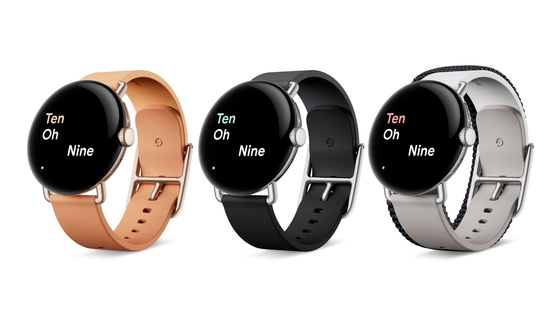 Three Pixel Watches with Two-Tone Leather bands, with each band featuring a different color: Linen, Charcoal and Chalk