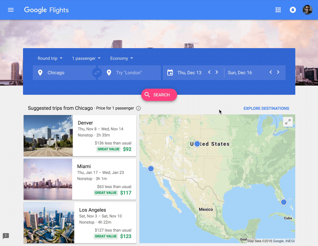 Google Flights deals in Explore