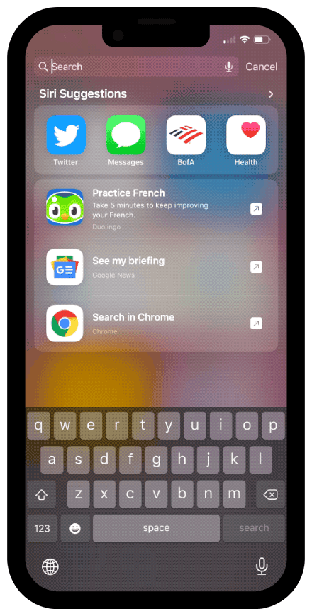 An iPhone 13 screen showing a user searching with Spotlight and seeing results from Chrome.