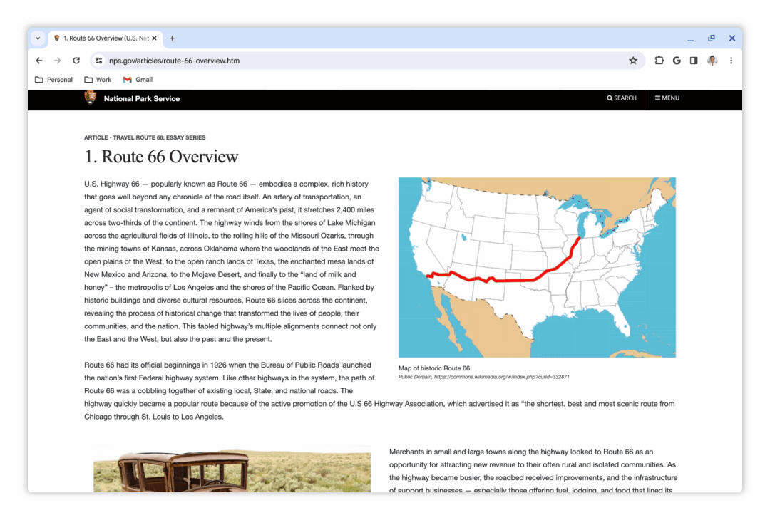 An animated screenshot of a Chrome on desktop showing SGE while browsing generating the key points of an article about Route 66.