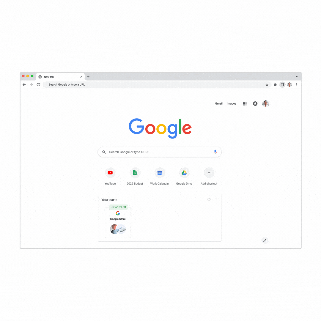 GIF image of Chrome browser zooming in on the “New Tab Page” with a reminder if you have a product in a shopping cart from a previous search.