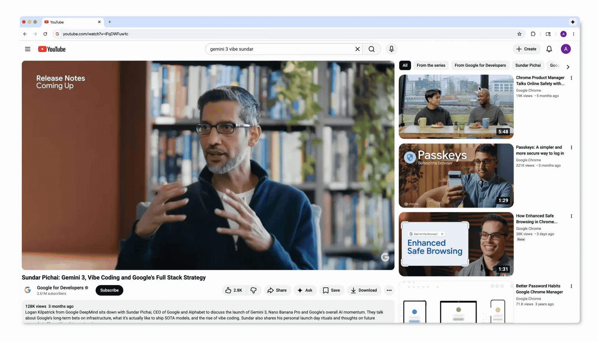 Gemini in Chrome helps create an outline of a YouTube video in the side panel.