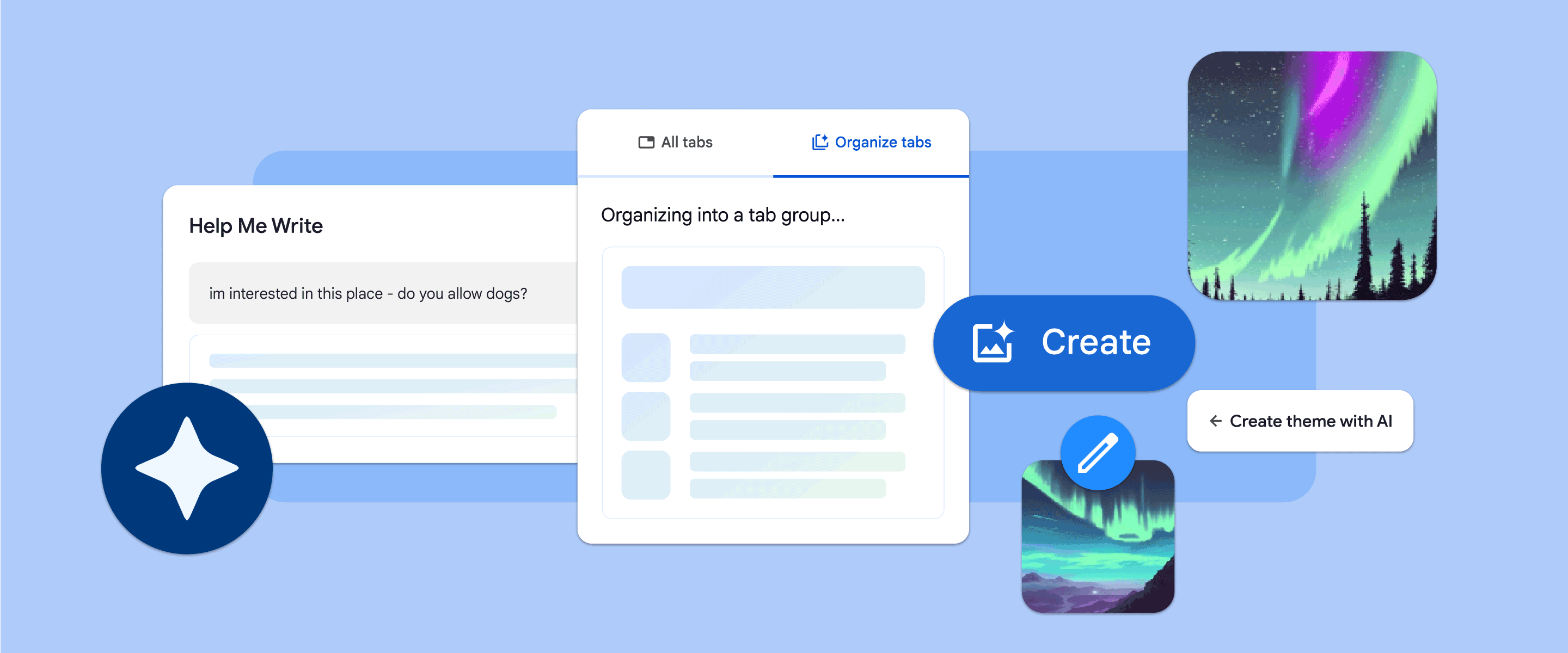 Abstract illustration with photos showing the northern lights and windows showing the “Help me write” and Tab Organizer features.