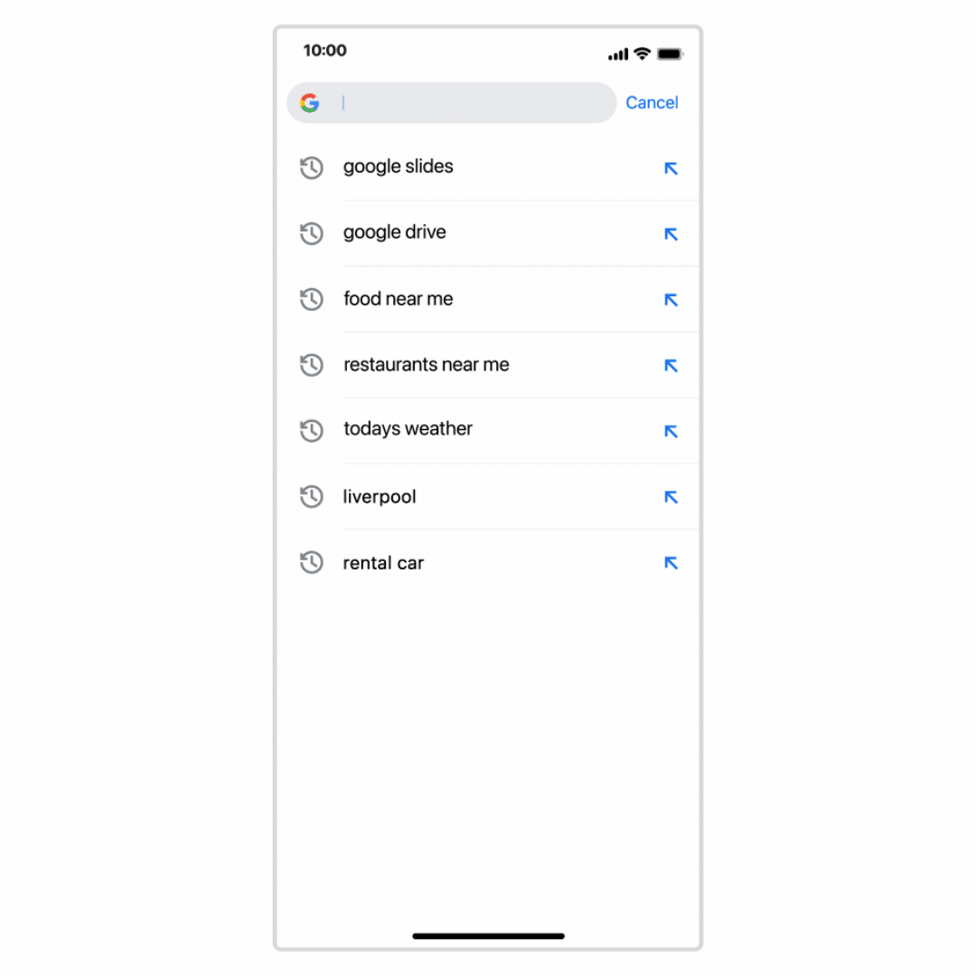 In Chrome on iOS, “vacation shoes” is typed in the address bar. A list of search suggestions like “vacation shoes men” and “beach vacation shoes” appear, along with related websites. As the keyboard is minimized, more search suggestions appear below.