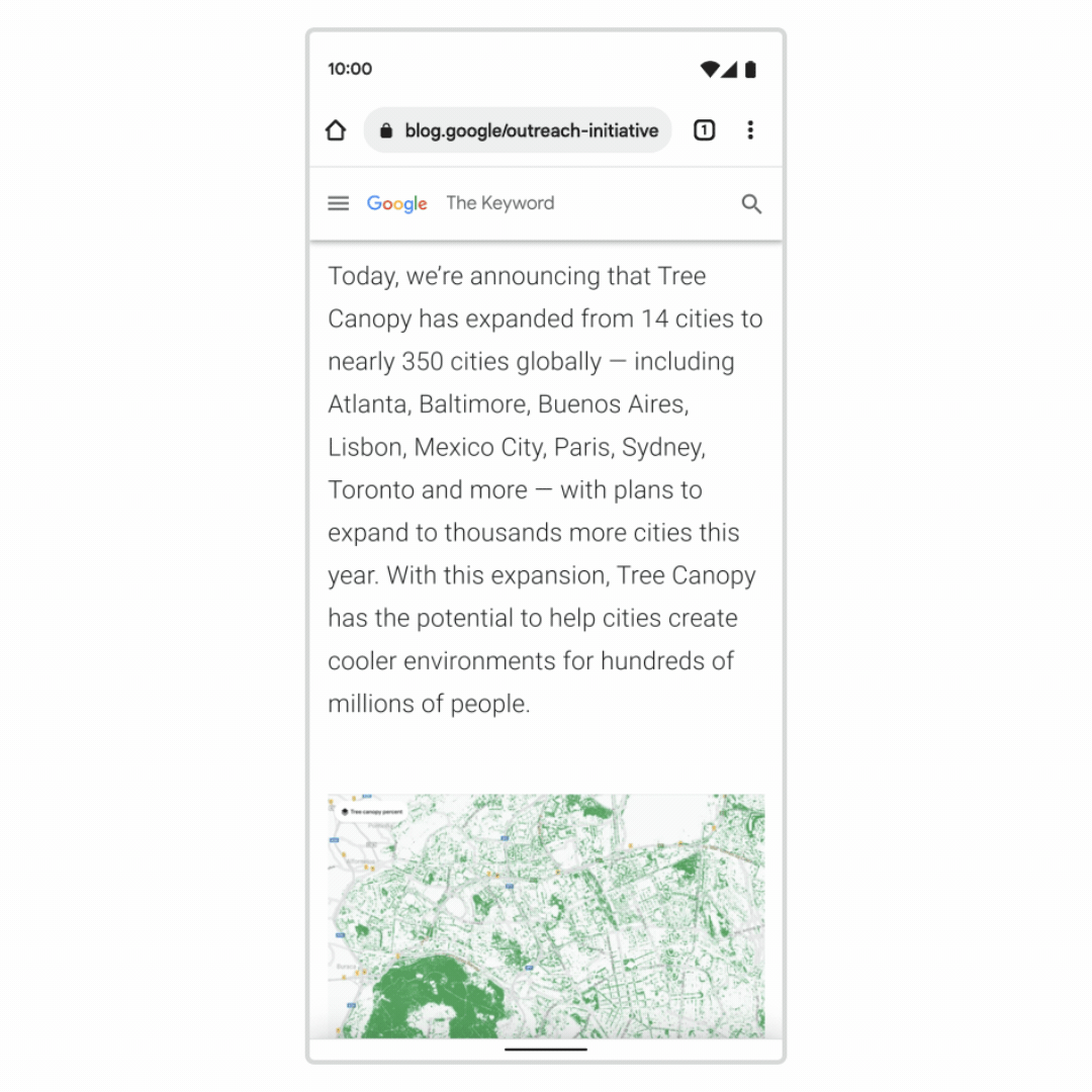 A blog on sustainability lists the names of several cities in Chrome on Android. “Lisbon” is highlighted and held down. A box appears at the bottom of the screen with more information on Lisbon, including related searches “lisbon hotels” and “food tour lisbon.”