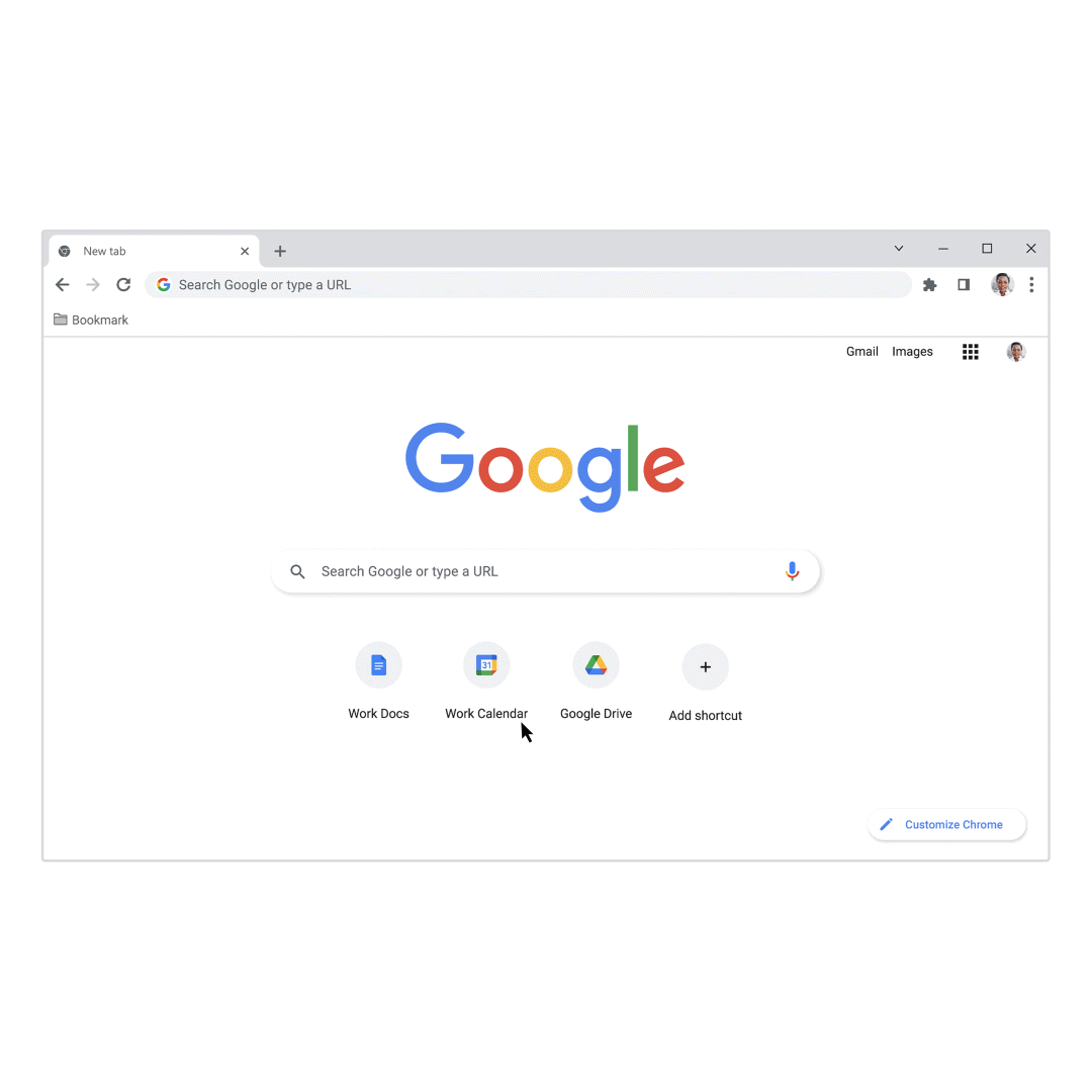 A cursor clicks Customize Chrome at the bottom right corner of a Chrome browser. This opens the side panel, which gives the option to change the theme and color.