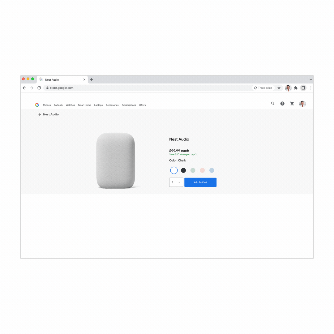 GIF image of Chrome browser zooming in on the “Track Price” button in the Chrome address bar for the Nest Audio.