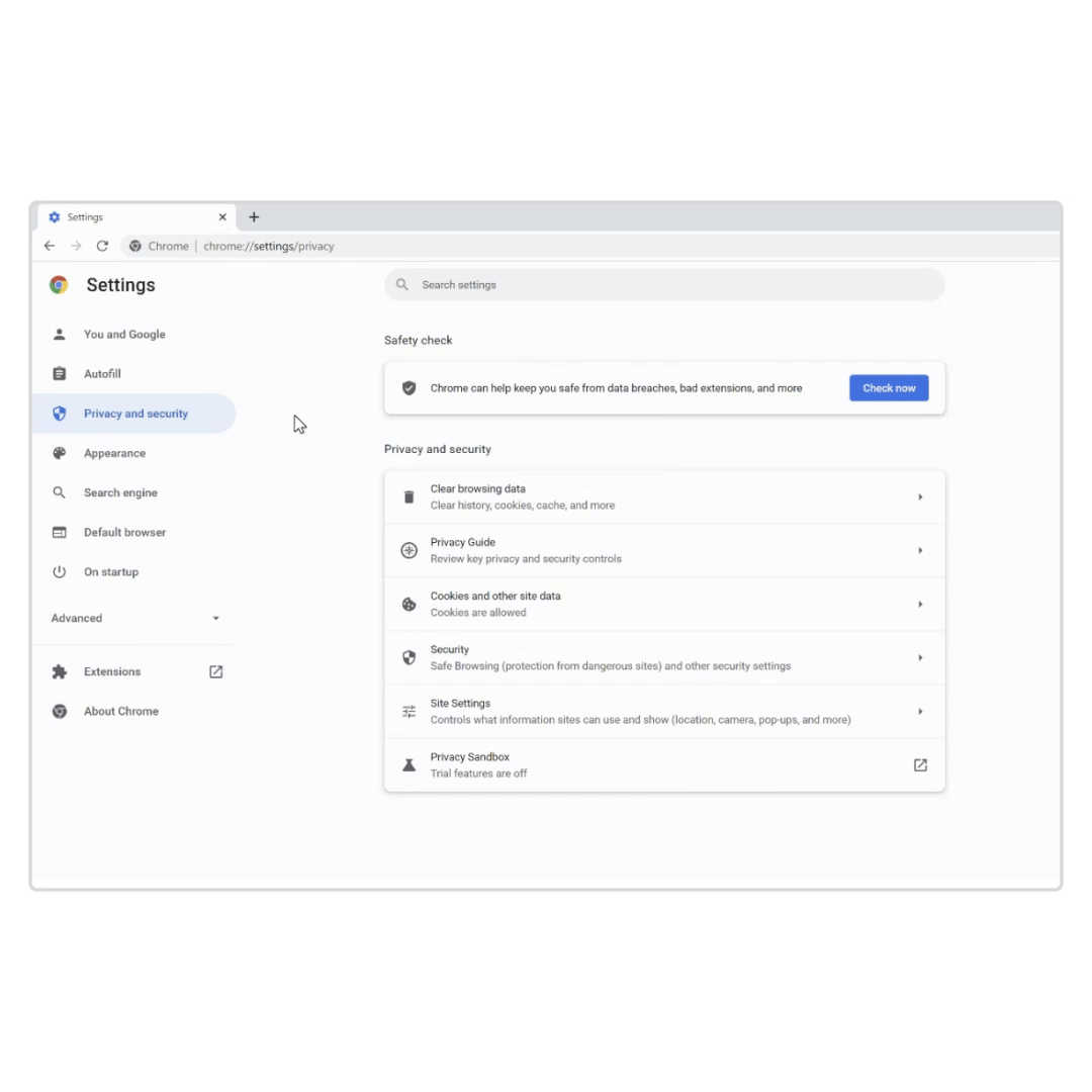 Imagen Gif de la configuración del navegador Chrome donde podrá acceder a la Guía de privacidad.