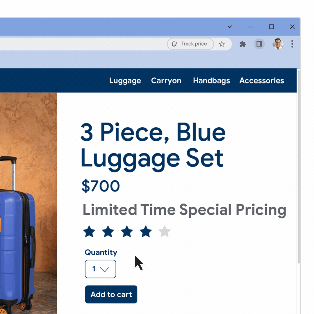 Someone views a three-piece, blue luggage set in Chrome and moves the cursor to the top right corner of the address bar to select “track price.”