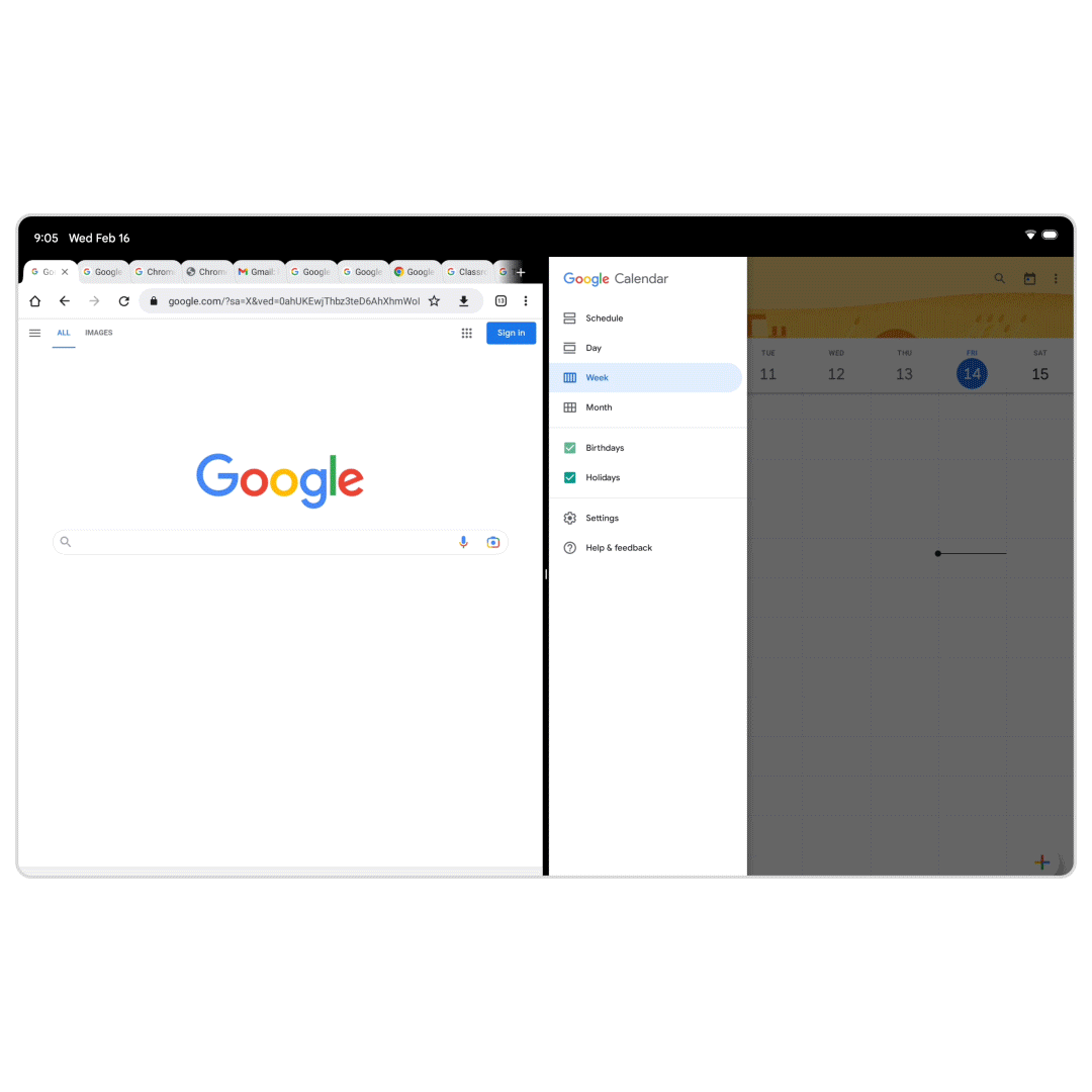 Image GIF de l'écran partagé du navigateur Chrome avec Google Agenda sur une tablette Android.  Malgré la taille réduite de l'espace, l'utilisateur peut basculer plus facilement entre les onglets.