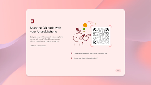 Android スマートフォンで素早く Chromebook をセットアップできるQRコードが表示された画面の画像
