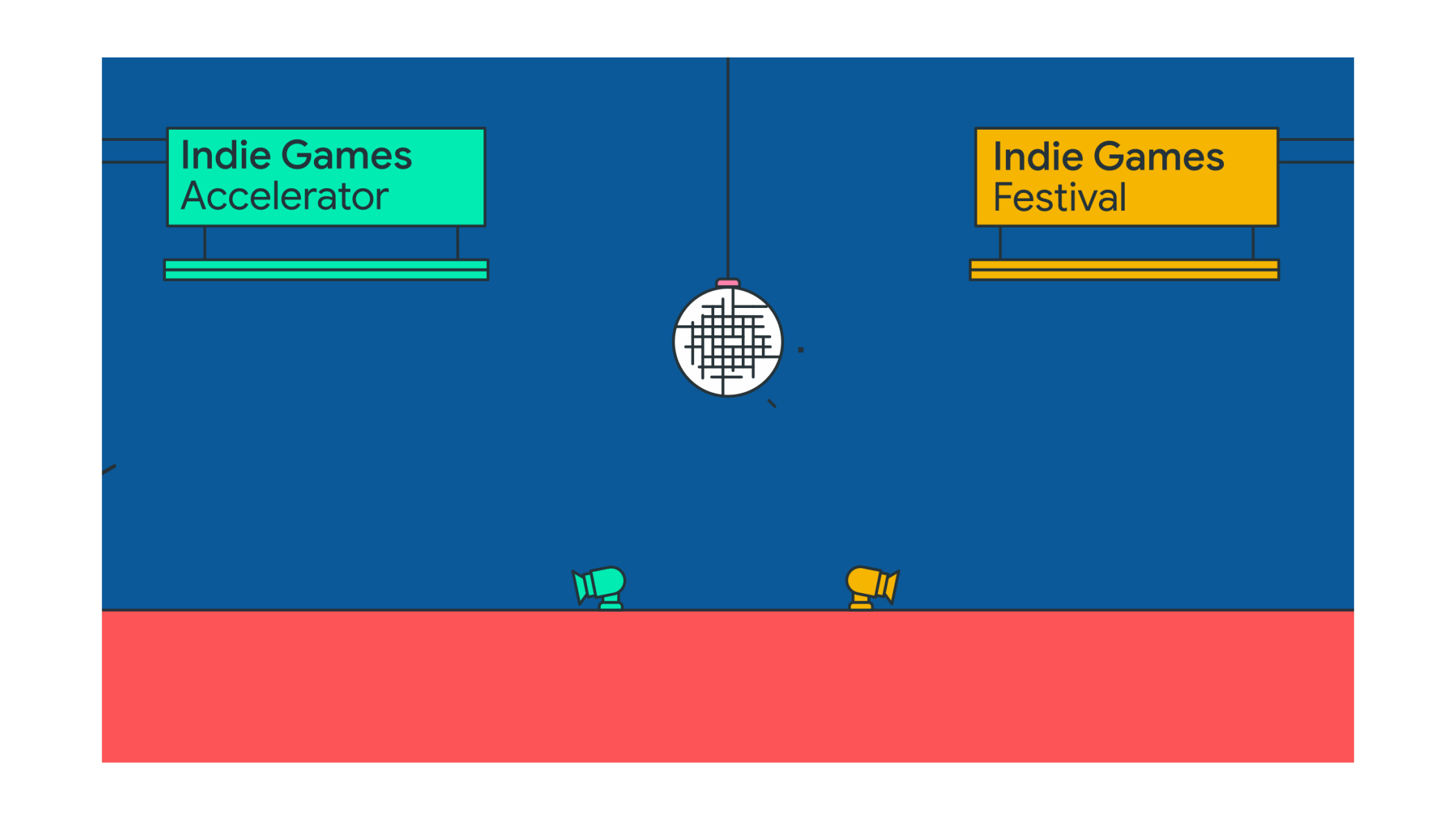 Animated GIF showing a blob character on a skateboard skate across the screen under a disco ball. Lights shine up to reveal boxes with the words: Indie Games Accelerator; Meet the Class of 2021; Indie Games Festival; and Meet the Winners.