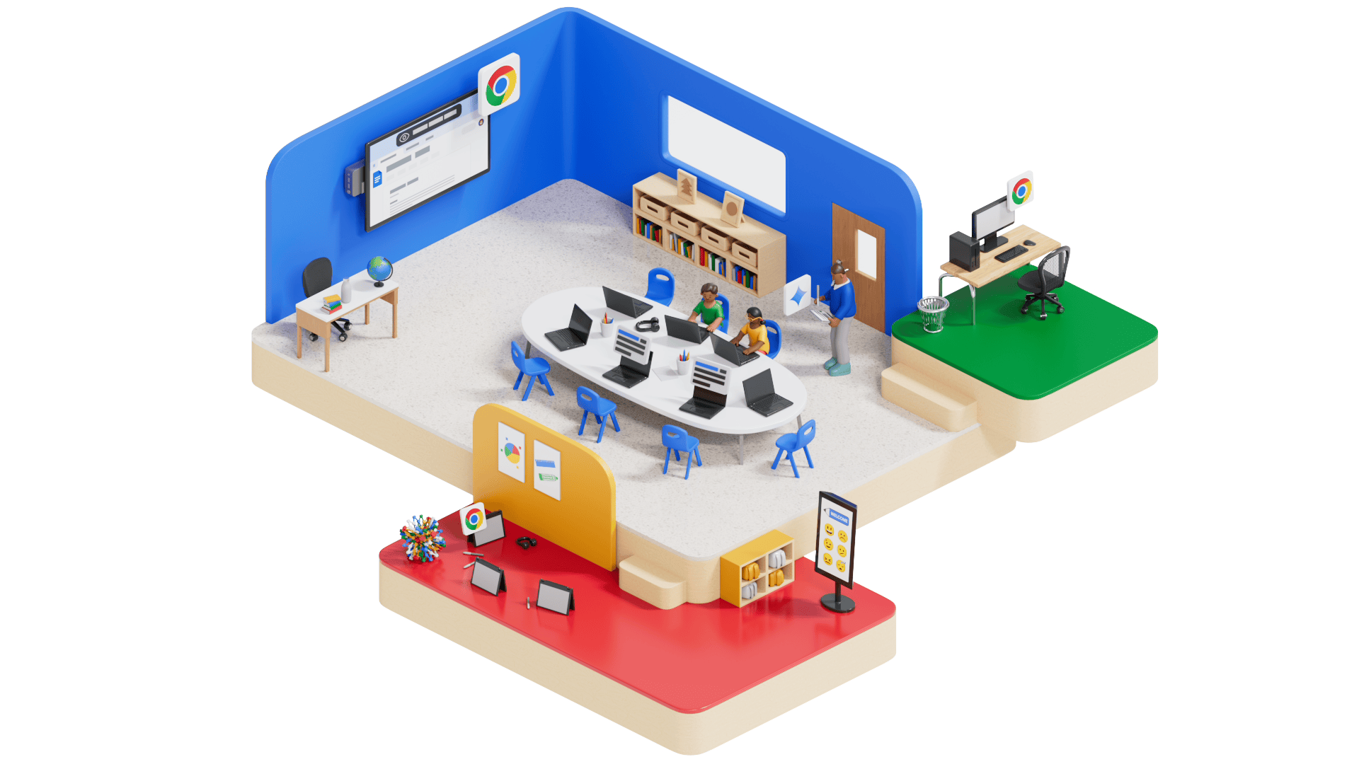 Gif of a K-12 classroom with two students sitting at a center table typing on Chromebooks. A teacher using a Chromebook Plus walks up to the students to help.