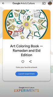 A video of the Ramadan Coloring Book on Google Arts & Culture which includes art pieces from artists for an interactive coloring experience