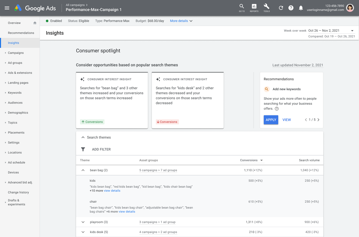 The Insights page in Google Ads. The page reads “Consumer spotlight” with search query themes that are related to  an advertiser’s campaigns.