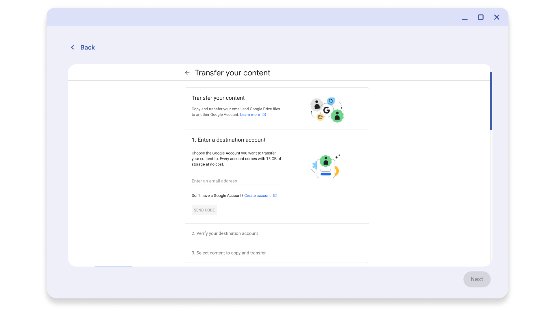 Image of a screen on a Chromebook showing Content transfer, with instructions showing how to add an account to transfer Workspace achievements from and to.