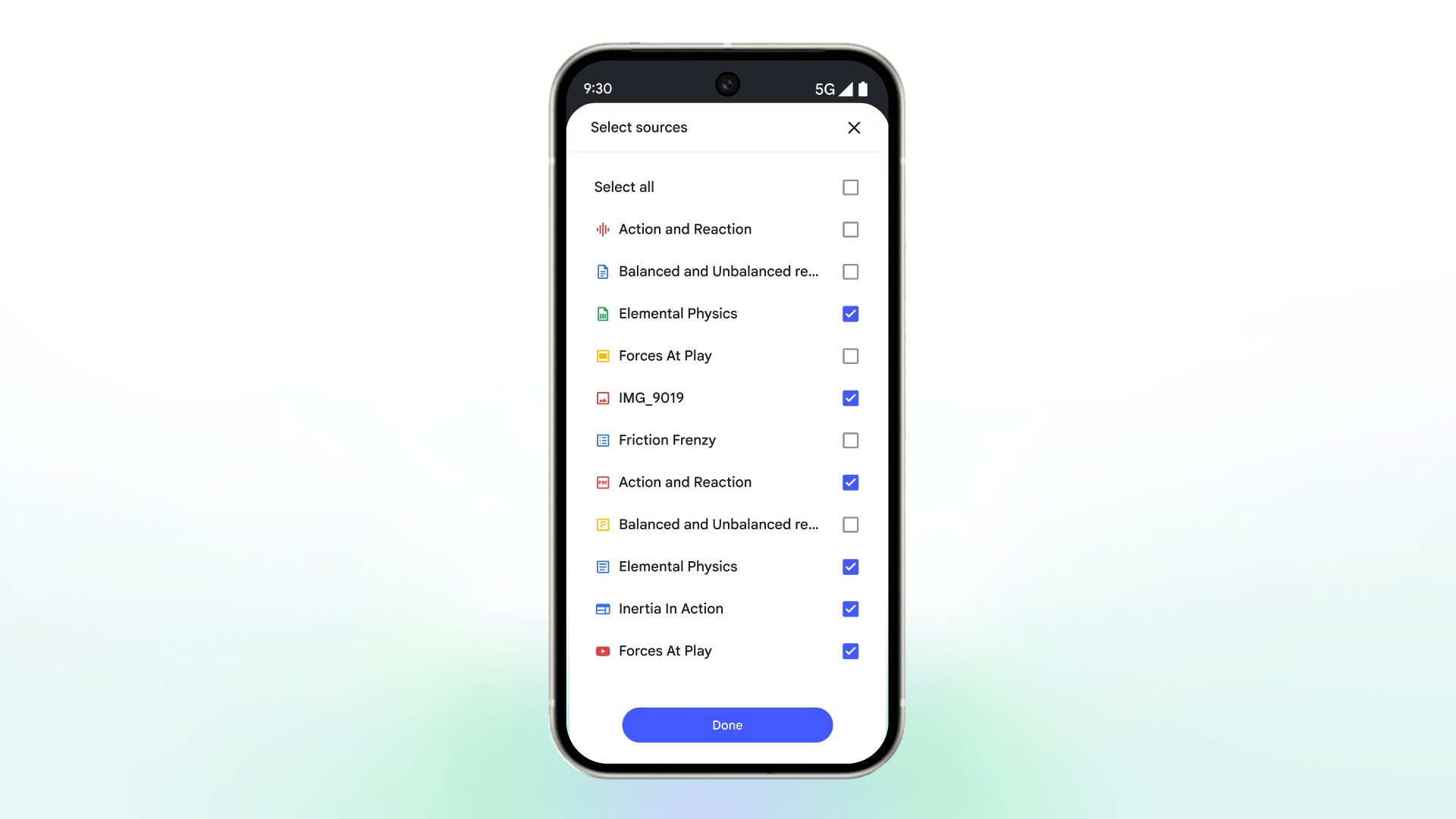 NotebookLM select sources screen for creating flashcards and quizzes.