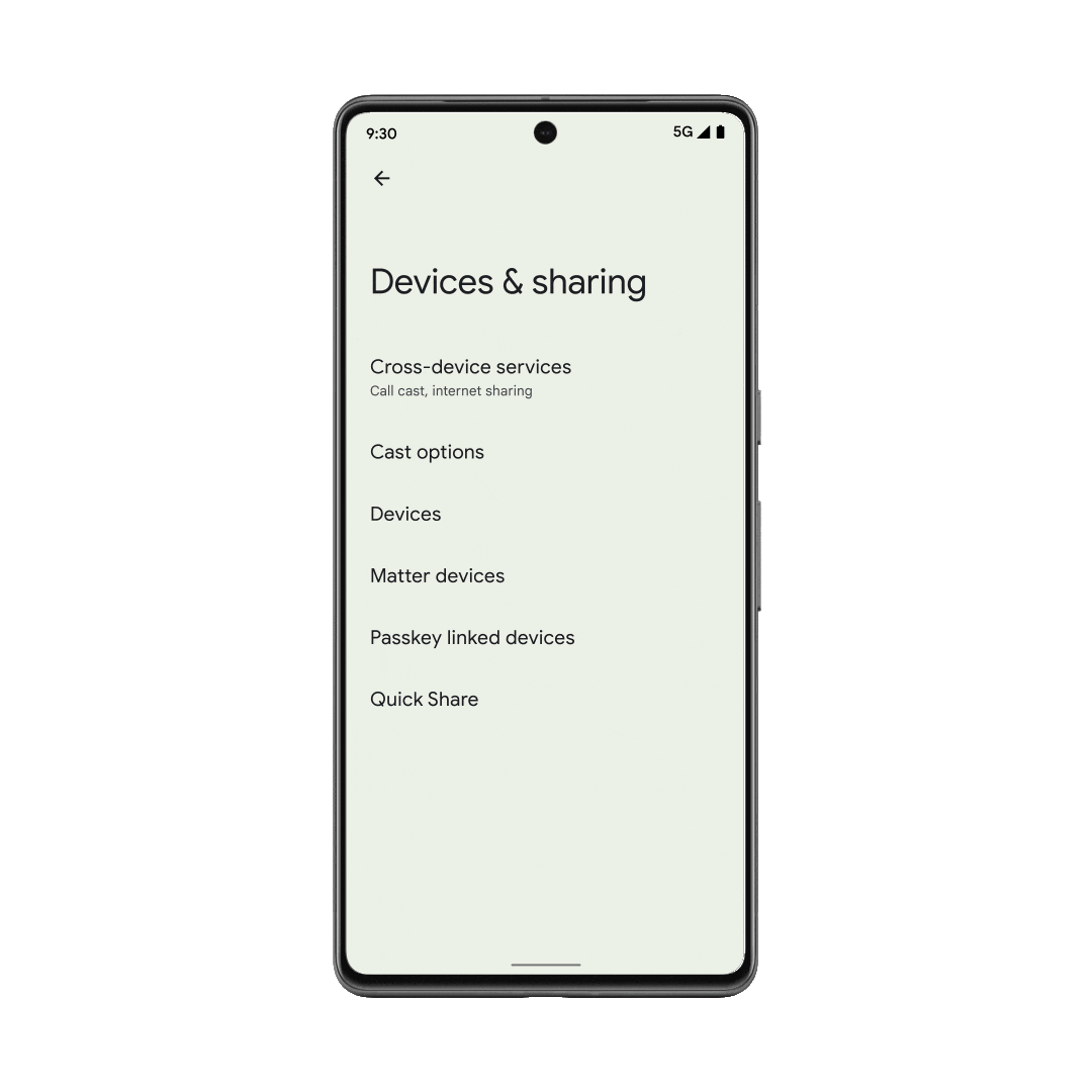 Accessing cross-device services in Settings on an Android phone to activate call casting and internet sharing with nearby devices.