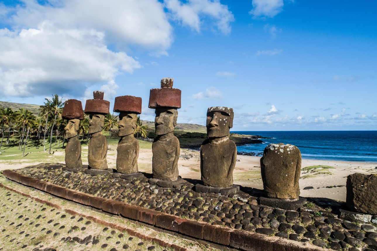 A line of Moai on the beach of Anakena in Rapa Nui National Park