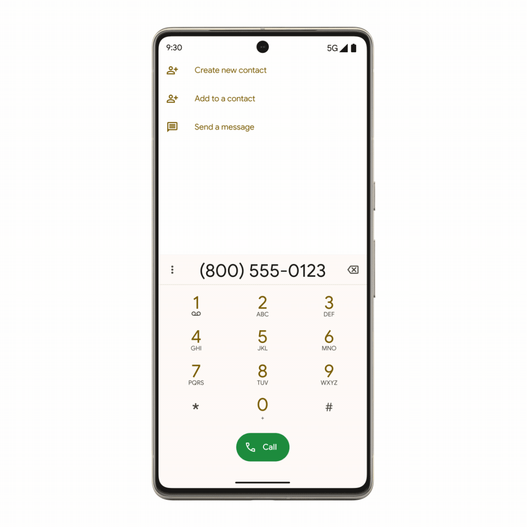 Motion graphic showing Direct My Call feature on a Pixel 7 Pro, illustrating phone menu options for a business immediately displayed on screen for the caller. The caller then taps a phone menu option, and is shown the second tier of the phone tree.
