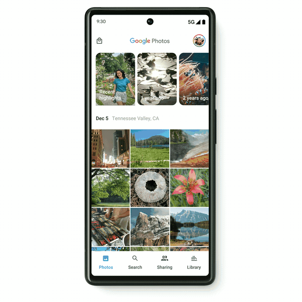 Animated GIF showing how to view a Cinematic Photo in the Memories section of the Google Photos app.