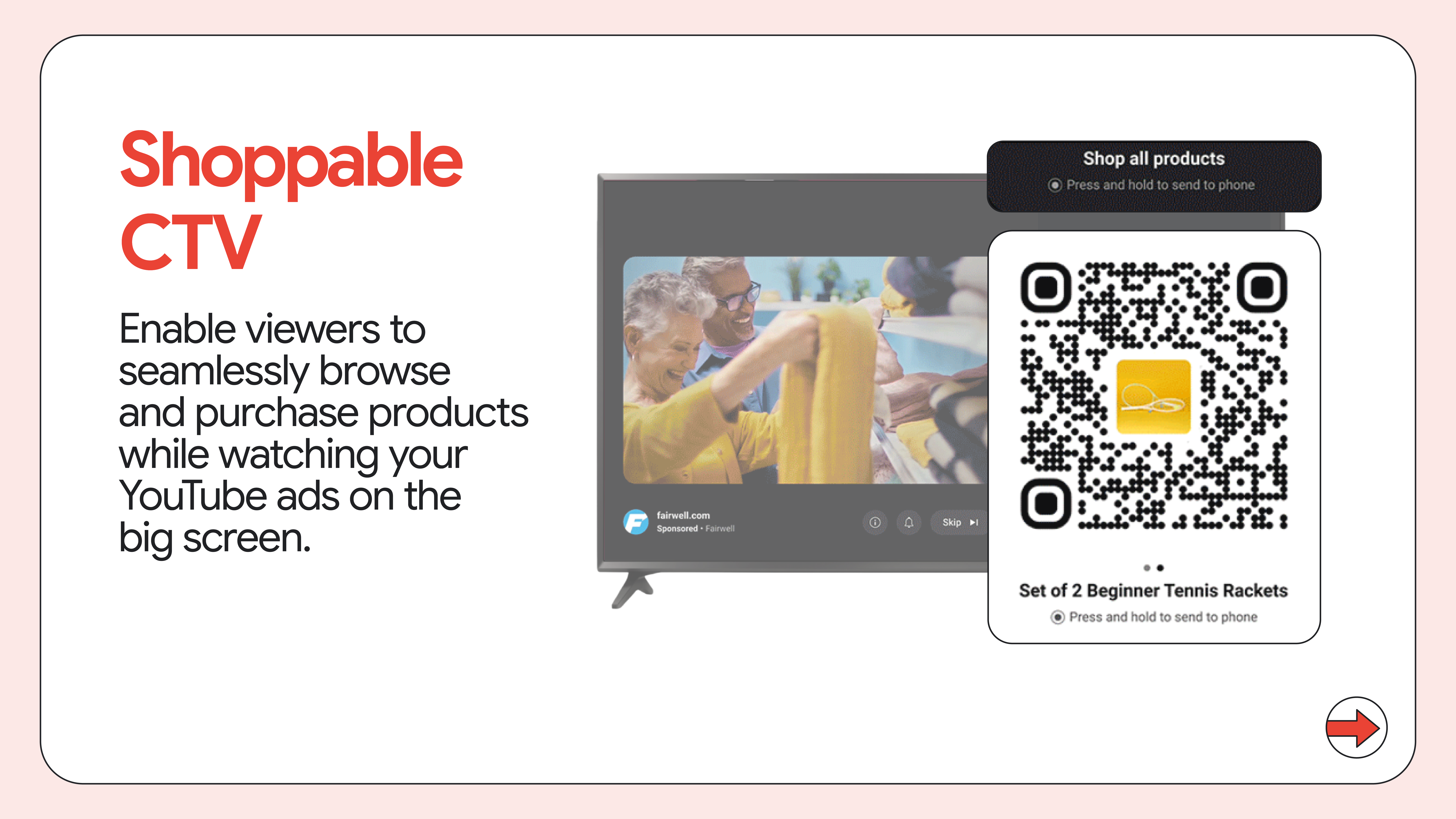 TV screen interface showing QR code for Shoppable CTV feature.