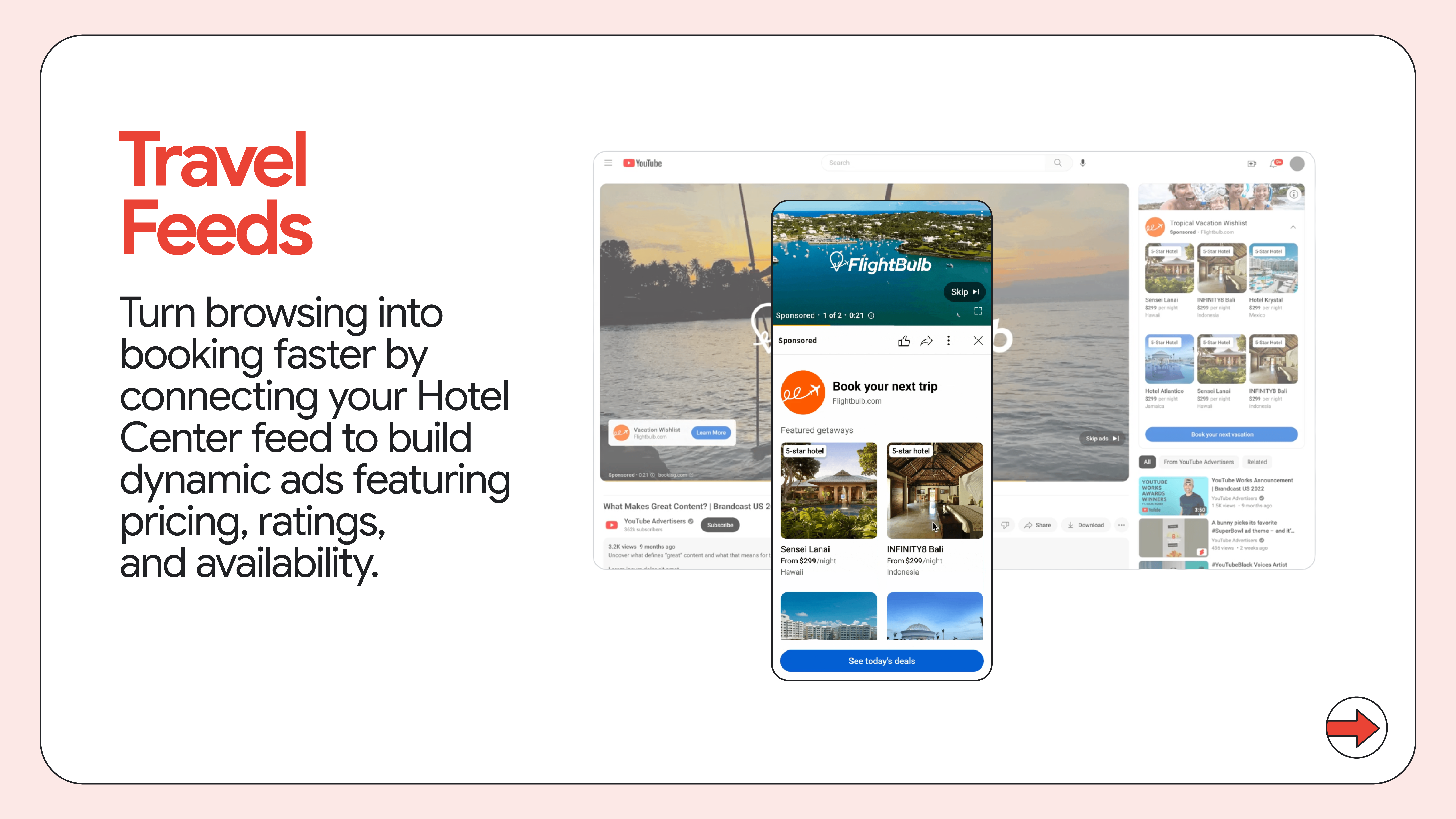 YouTube interface showing the Hotel Feeds (Travel Feeds) experience.