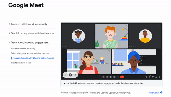 Gif of Google Workspace for Education Plus product demo focused on Google Meet. The user sees a Google Meet interface, and is prompted to use the “Q&A” feature to ask a question to the rest of the Meet attendees.