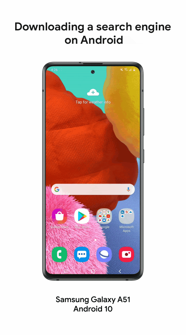 Downloading a search engine on Android. Samsung Galaxy A51 running Android 10 showing Bing being downloaded