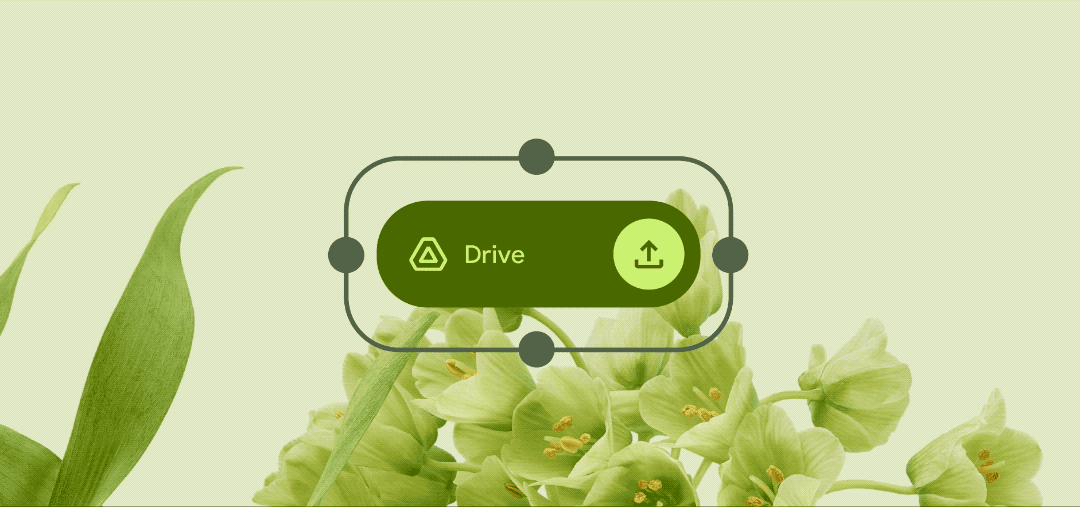 Light green Android wallpaper showing a green flower. In the foreground, an animation of different Google Drive widgets resizes.