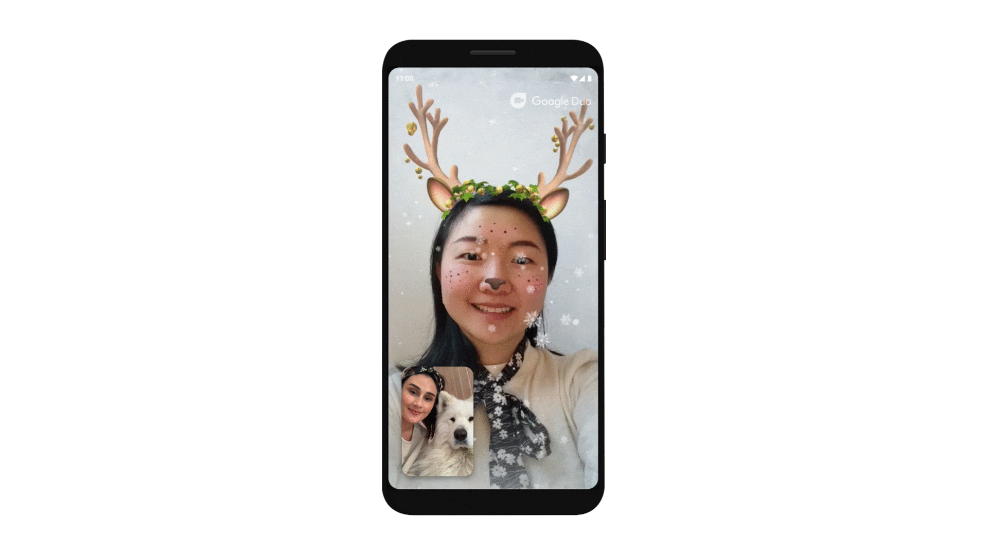 A Google Duo video call using holiday reindeer effects.