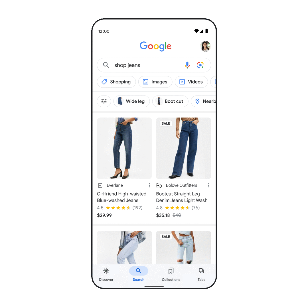 An animation showing Google Shopping’s new dynamic filters on mobile related to a search for “shop jeans.” Filter options include “wide leg” and “boot cut.”