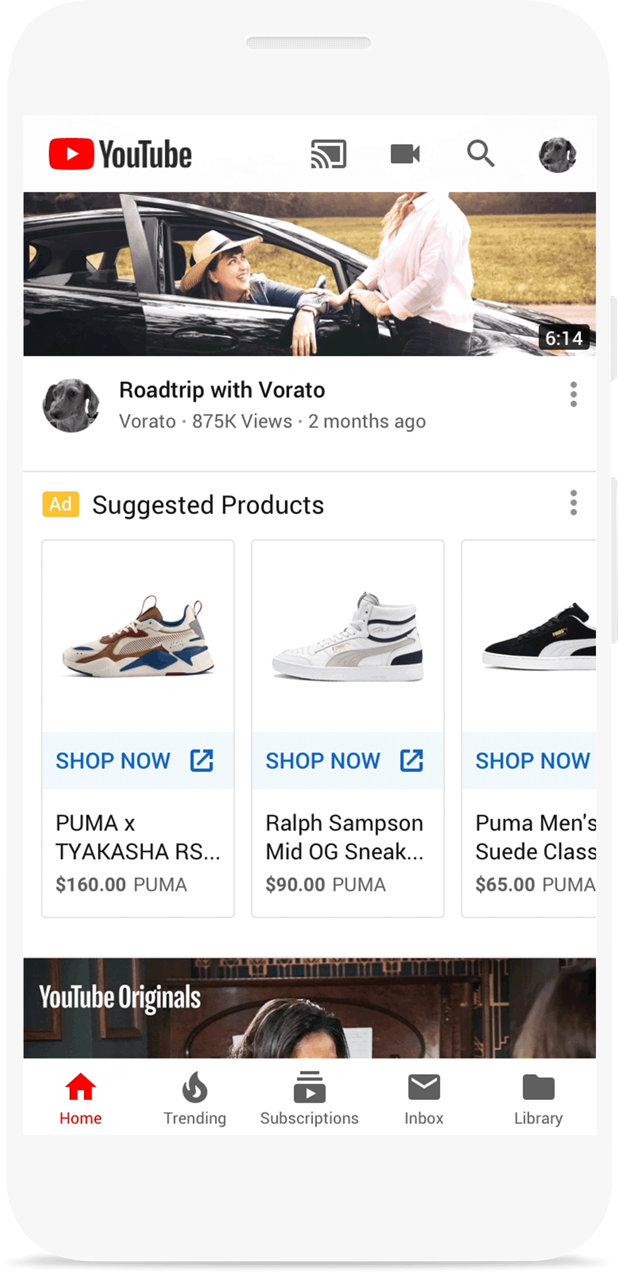 Shopping ads on the YouTube home feed