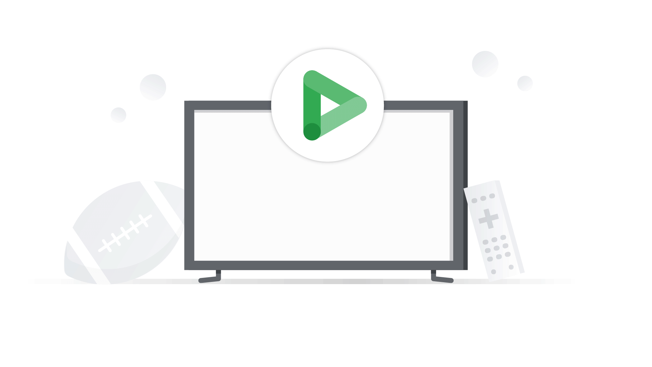 Illustration of a TV screen with a football and remote control on either side. Overlaying the screen are logos for YouTube, Display & Video 360 and connected TV (CTV) apps.