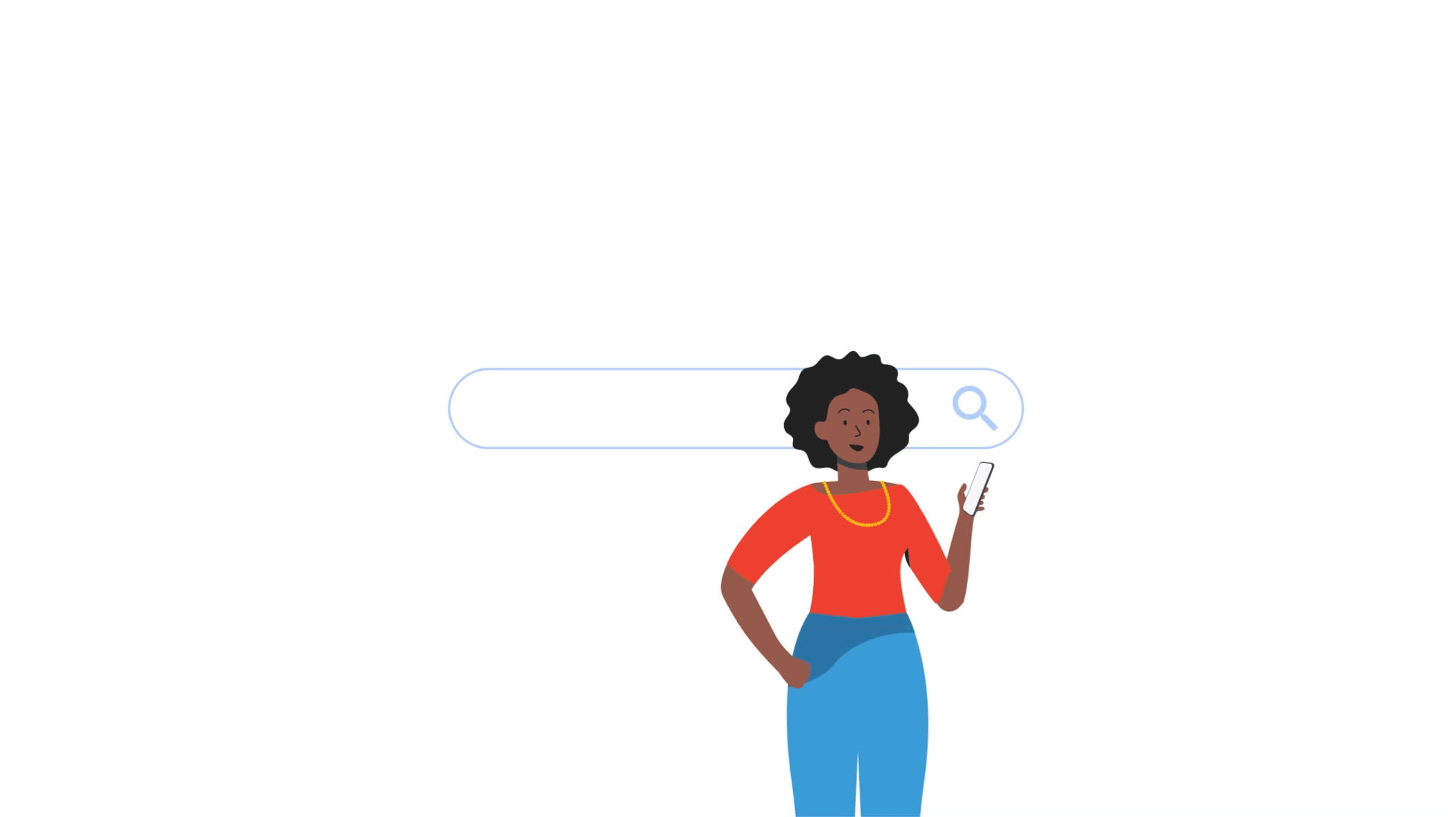Imagem de um gif ilustrado de pesquisa no Google com as palavras “hotéis perto de mim”, sobre uma mulher que olha o celular. Painéis mostram produtos do Google como Mapas, YouTube e Gmail ao redor da barra da Busca.