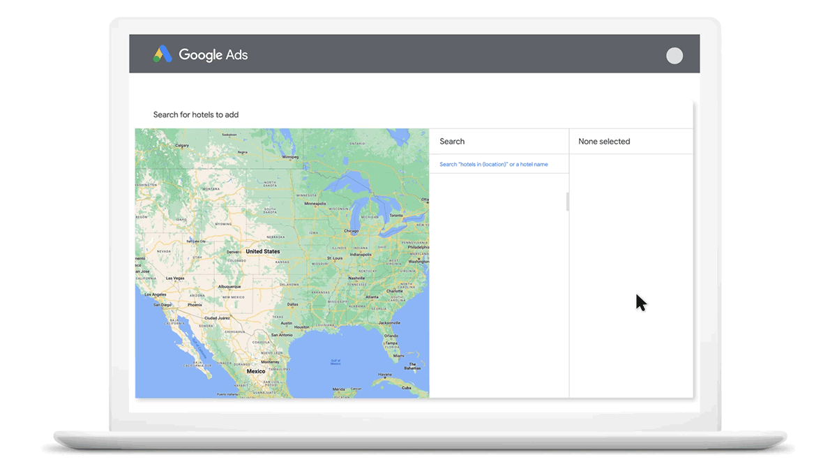 Gif eines Laptop-Bildschirms mit einer Suche nach "Your Hotel" innerhalb des Google Ads Interface und einem Cursor, der einen Ort auf einer Karte auswählt.