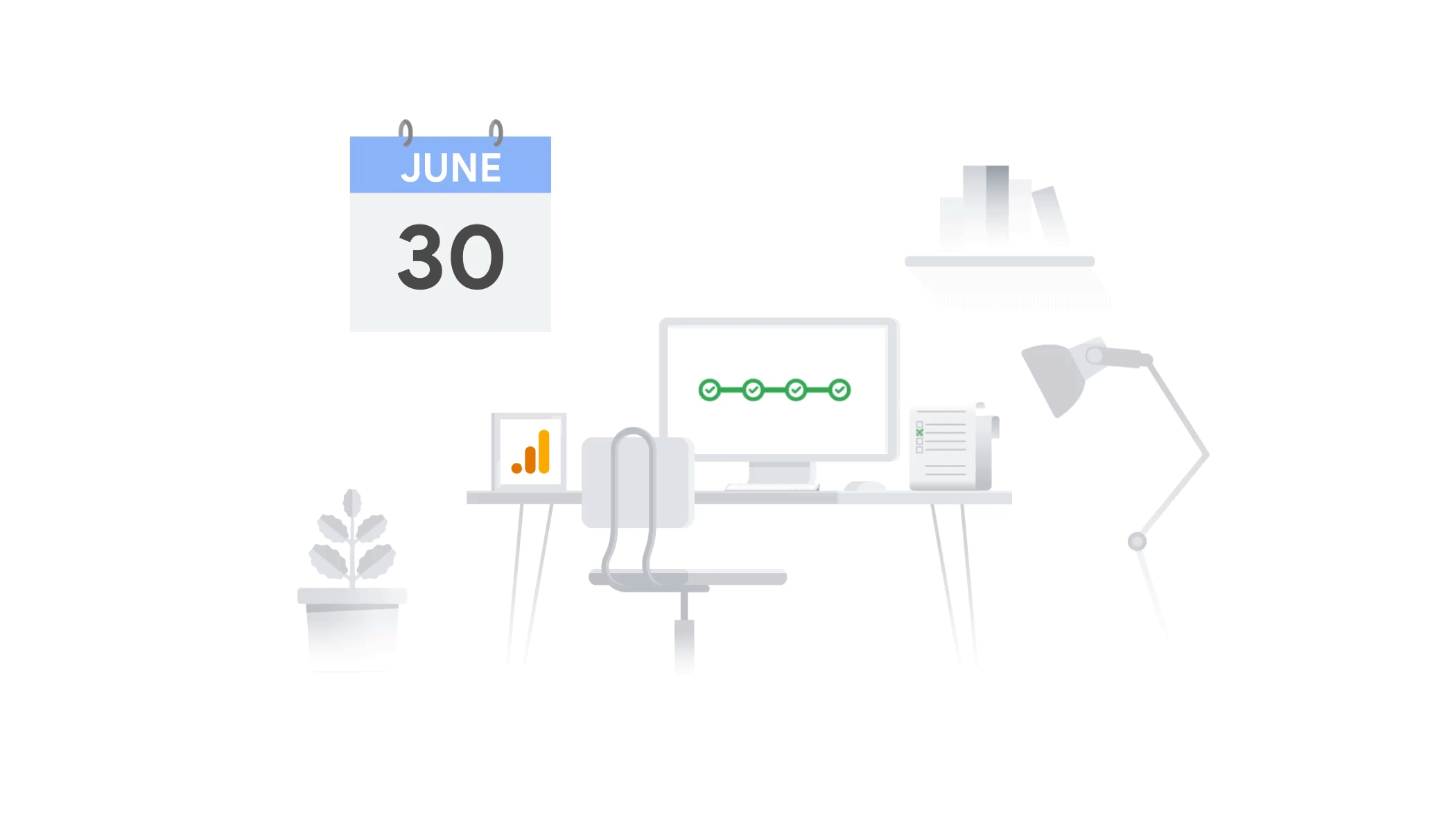 Image of a desk with a computer screen, the Google Analytics logo, and a calendar indicating July 1.