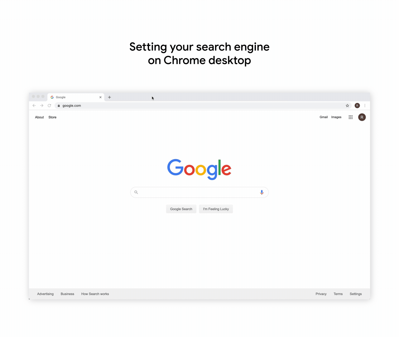 Setting your search engine on Chrome desktop. Chrome browser on desktop showing someone changing search engine to Bing