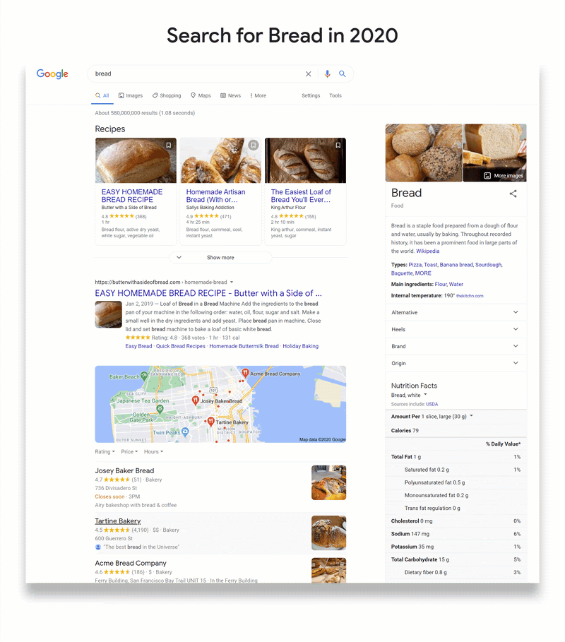 GIF showing a search result for bread on Google in 2020 with rich results
